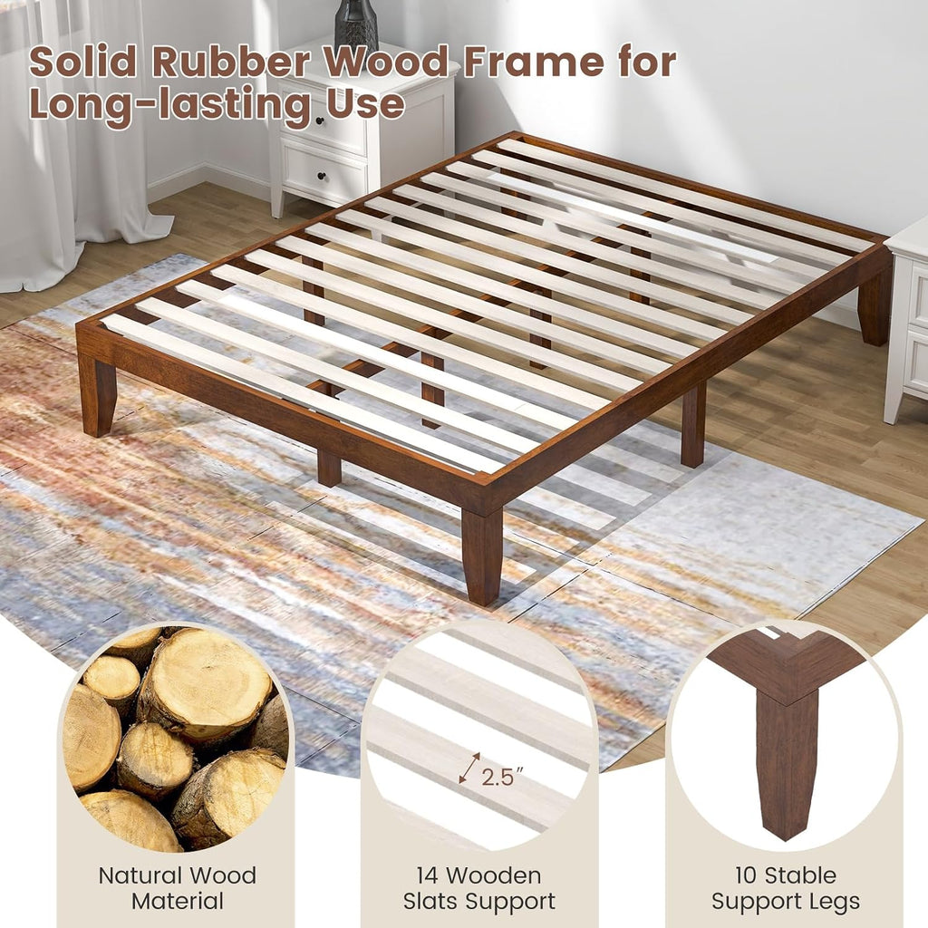 14 Inch Queen Wood Platform Bed Frame, Minimalist Style Mattress Foundation with Solid Rubber Wood, Heavy Duty Slat
