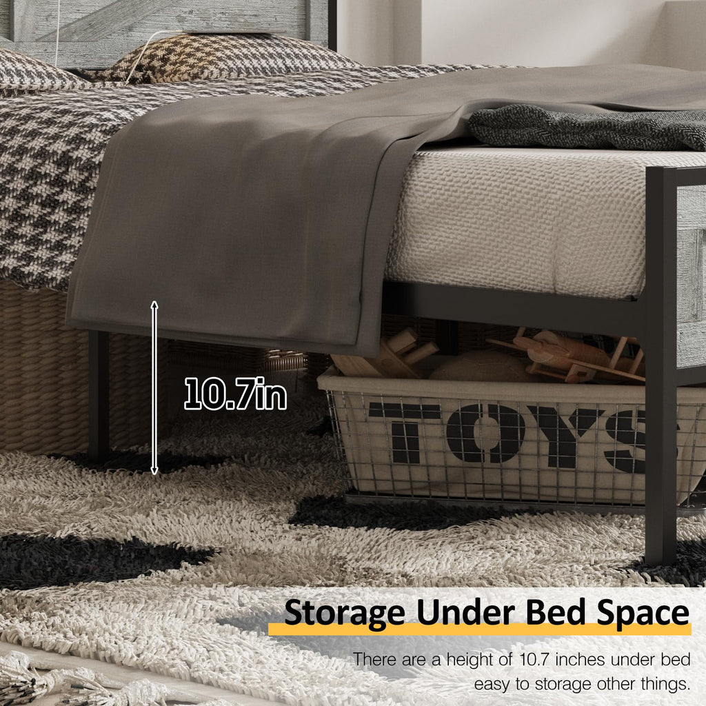 Bed Frame with Charging Station, Platform Metal Bed with Headboard & Led Light, Farmhouse Storage Bed, No