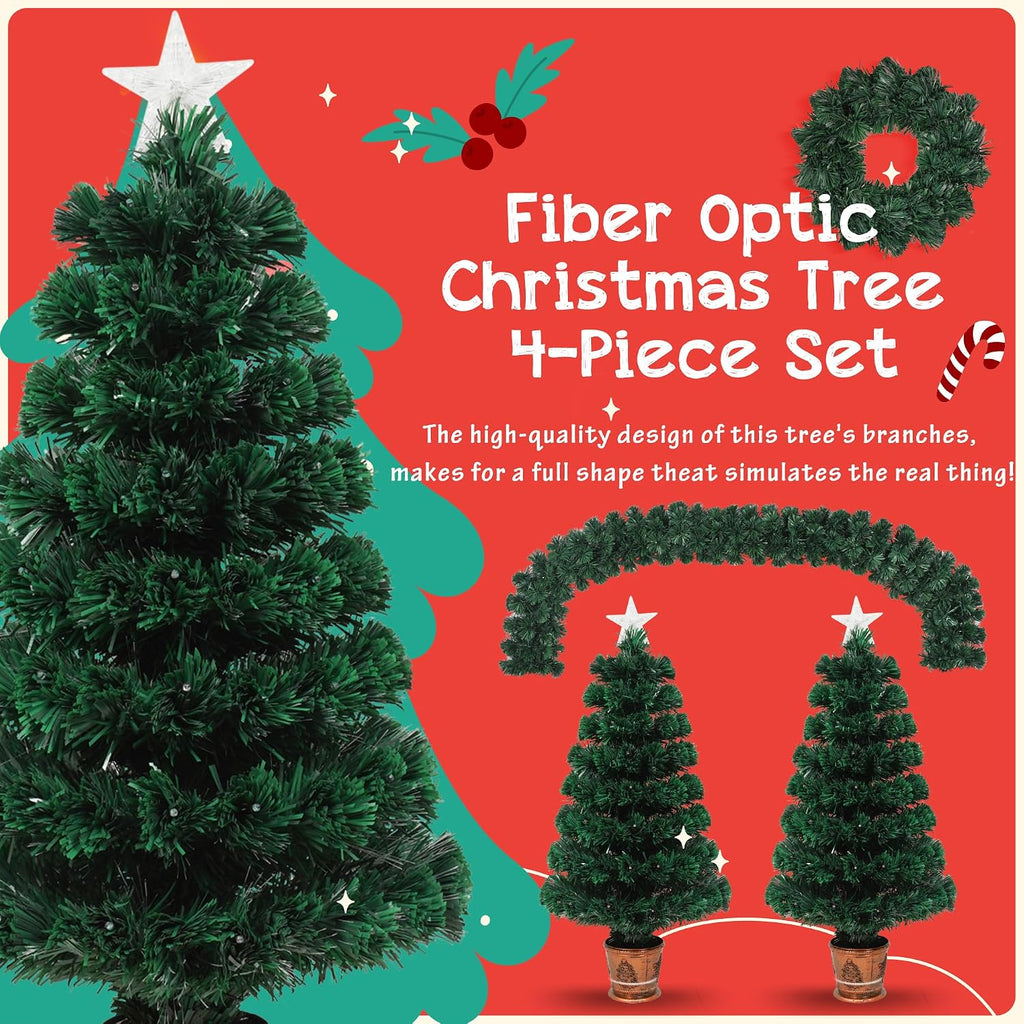 Pre-lit Artificial Christmas Tree 4-Piece Set,Optical Fiber Christmas Garland, Wreath and Set of 2 Pcs 3ft Entrance