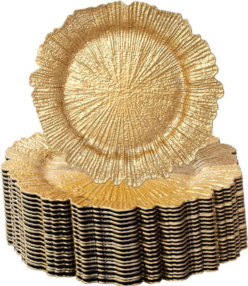Gold Charger Plate 13 in Round Matte Reef Plate Charger Ruffled Rim Dinner Charger Hollow out Flower Holde (12) - Set of 12