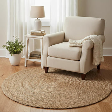 Handwoven Jute Area Rug - 5 feet Round - Natural Yarn - Rustic Vintage Beige Braided Reversible Rug - Eco Friendly