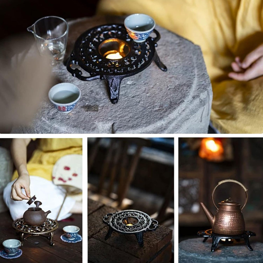 9 Inches Cast Iron Teapot Warmer Dish Cups Trivet,Round-Shaped Double Eared Design with Tealight Holder - Heavy Duty