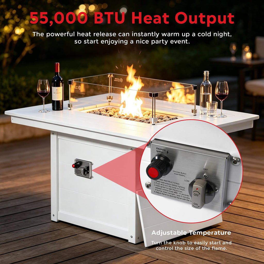 46" Modern Outdoor 55, 000 BTUPatio Backyard Rectangular Gas Propane Deck Fire Pit Table (Rocks Not Included), White