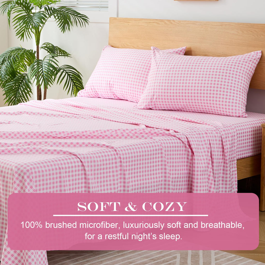 Pink Gingham Sheet Set, 4-Piece Soft Brushed Microfiber Bed Sheets - 16" Deep Pocket Fitted Sheet, Wrinkle &