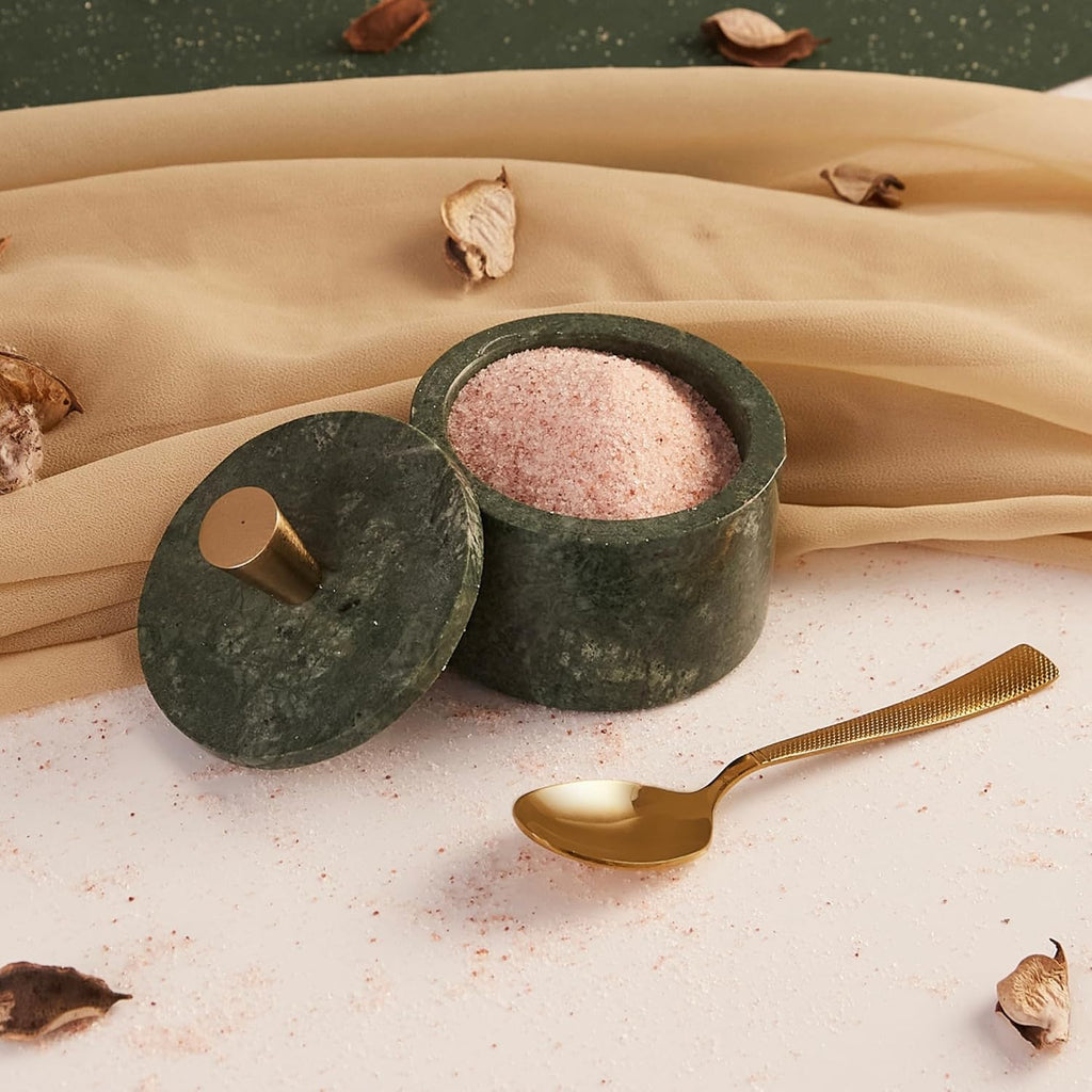 Green Marble Salt Cellar with Lid & Brass Knob - Natural Stone Spice Container Countertop, Gourmet Salt Holder