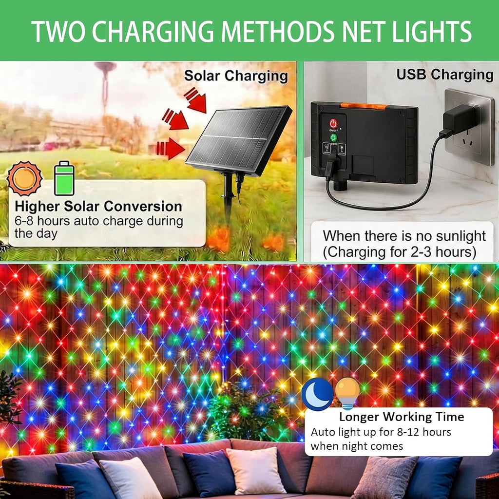 34 Colors Changing Net Lights Outdoor Solar & USB Powered, 6.5x6.5ft