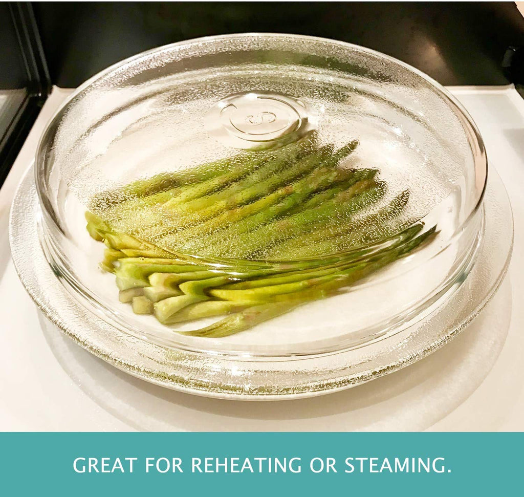 Safe 2-in-1 Cover 'n Cook Vented Glass Microwave Plate Cover and Baking Dish; Easy to Grip for Baking and Serving