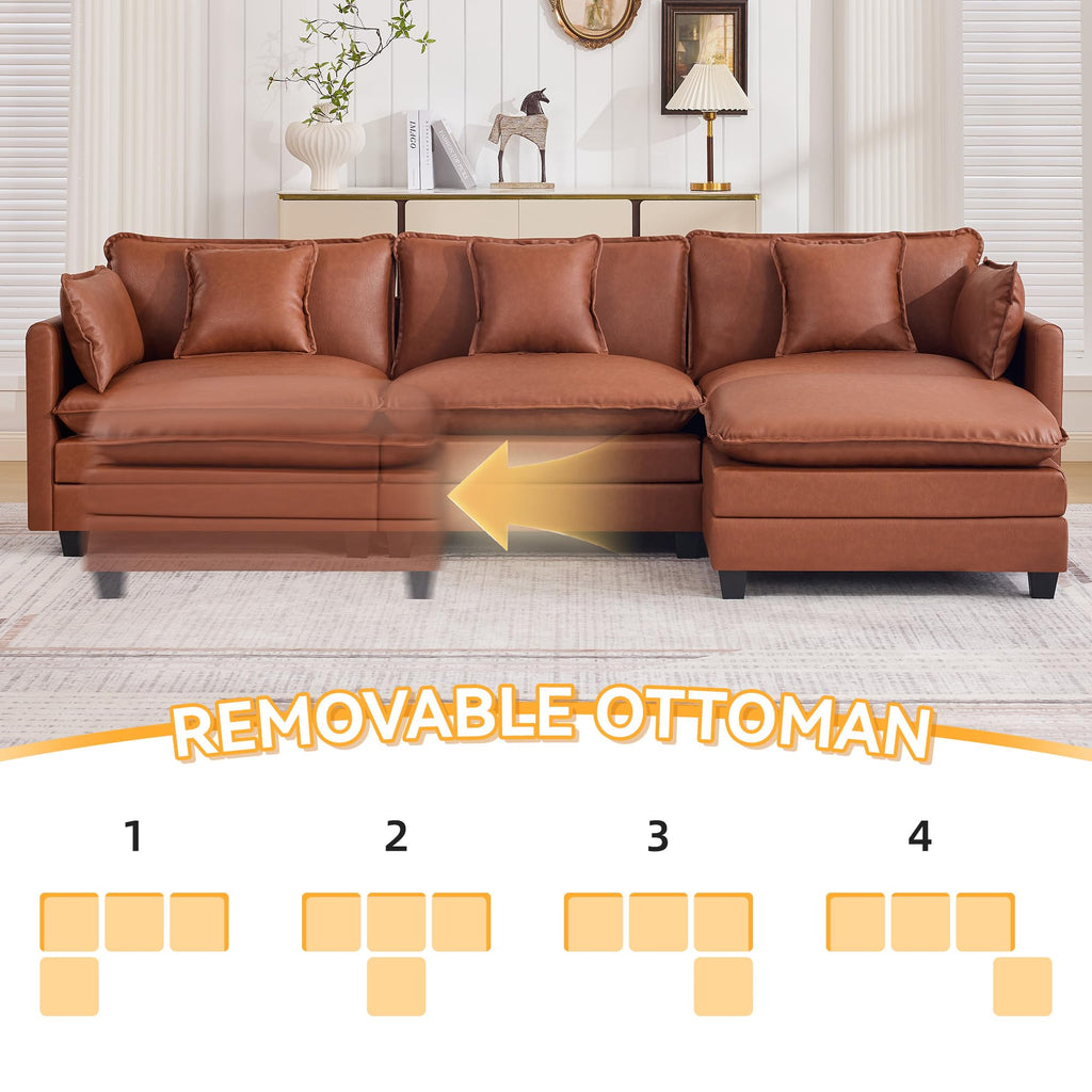 Modular Cloud Sectional Sofa, 111'' L Shaped Cloud Deep Seat Sofa, D-Brown