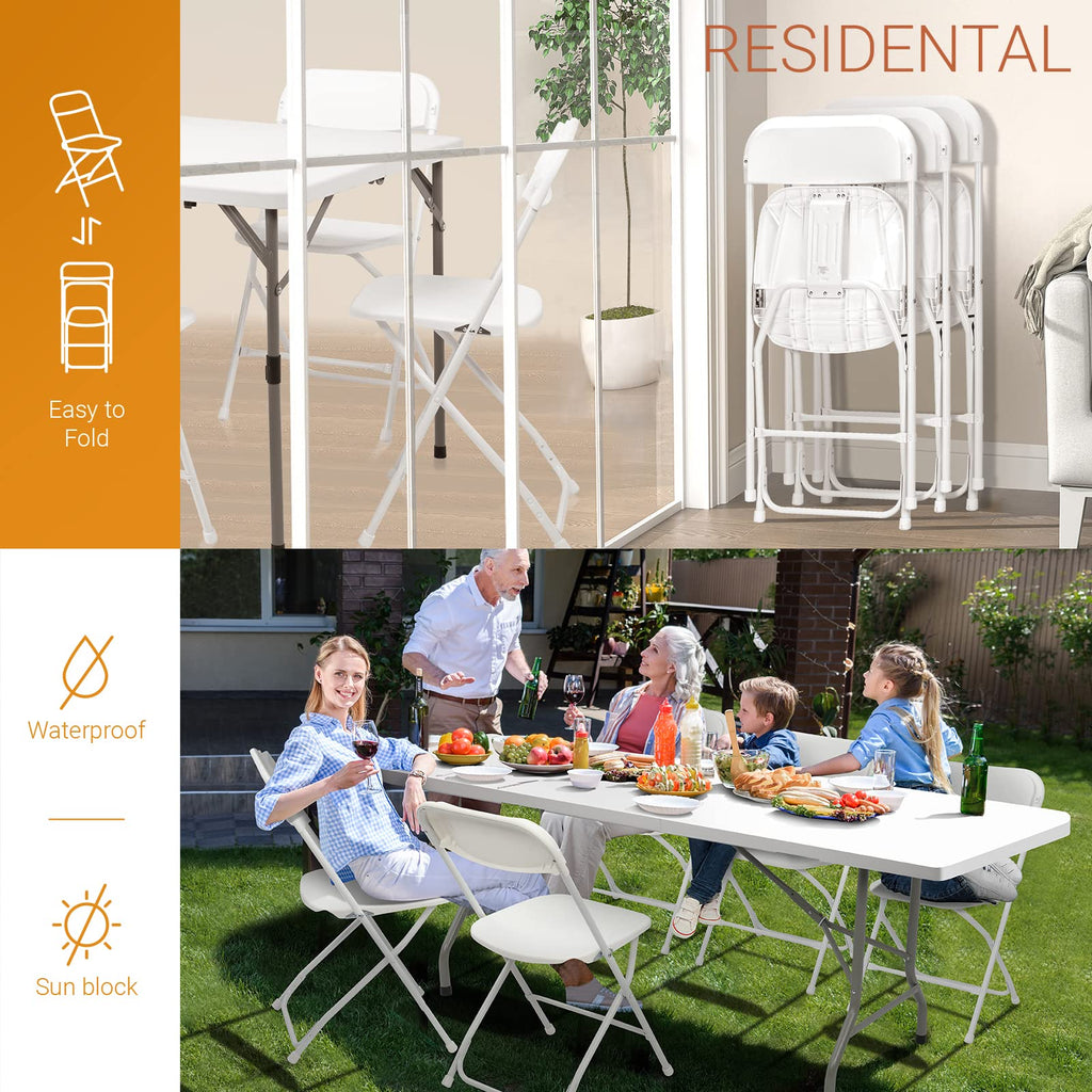 White Folding Chair, Foldable Metal Frame with Solid Plastic Seat, Portable for Event Party Outside Dining Game, 6 Pack