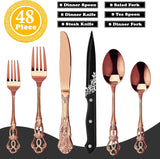 Retro Royal Rose Gold/Copper 48 Pieces Flatware Set, Gorgeous Silverware Set For 8