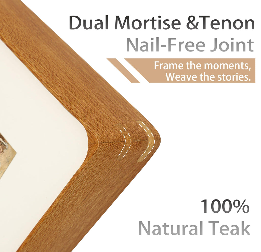 5x7 Picture Frame with Mat for 4x6, Natural Teak Wood Handcrafted Rounded Corner with Real Glass, Vertical or