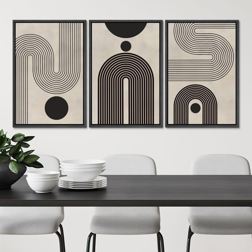 Framed Canvas Print Wall Art Set Duotone Geometric Black & White Polygons Abstract Modern Art Geometric Zen