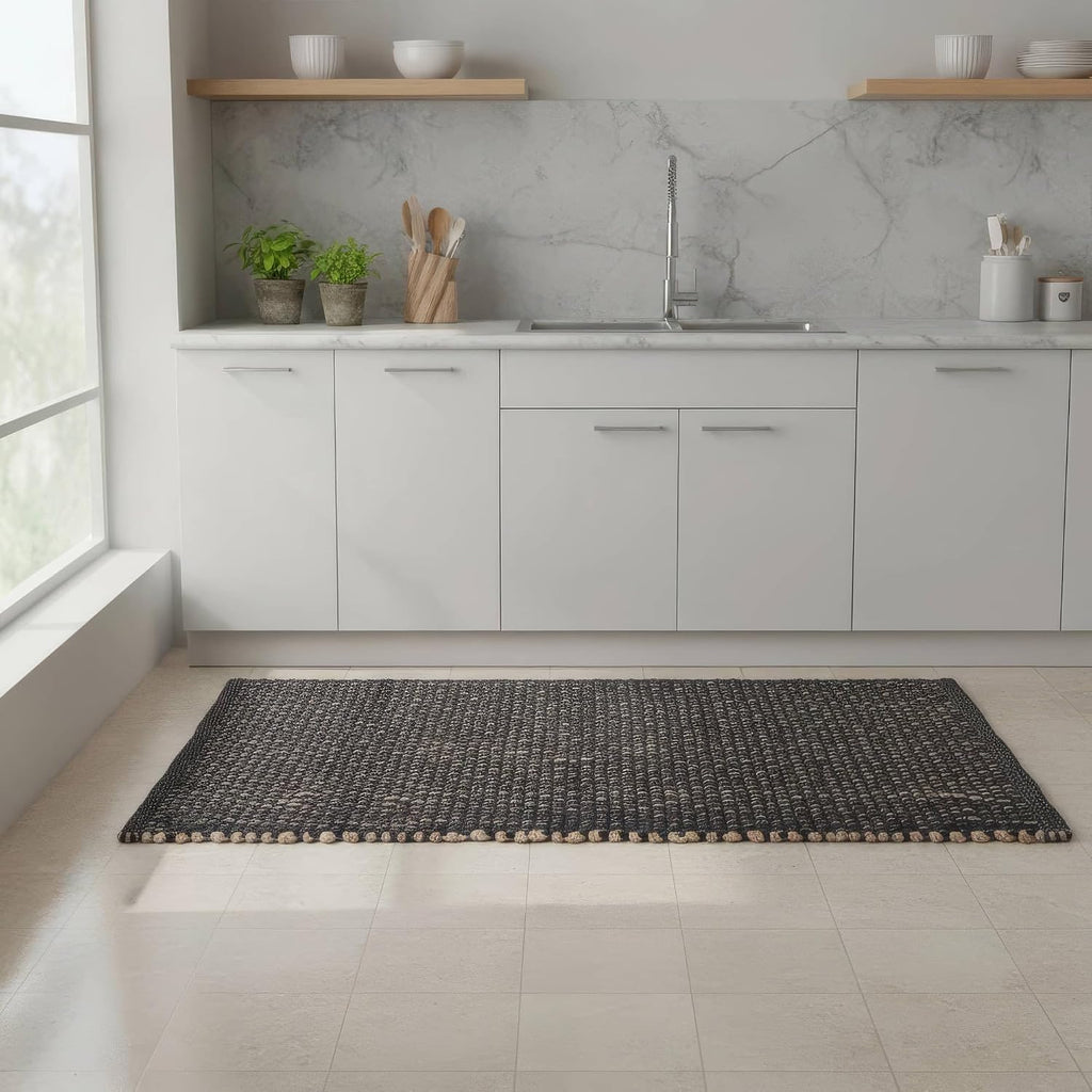 Black 2X3 Jute Rug Braided Construction - Farmhouse Woven Carpet - Mid-Century Modern Floor Covering for Entryway or