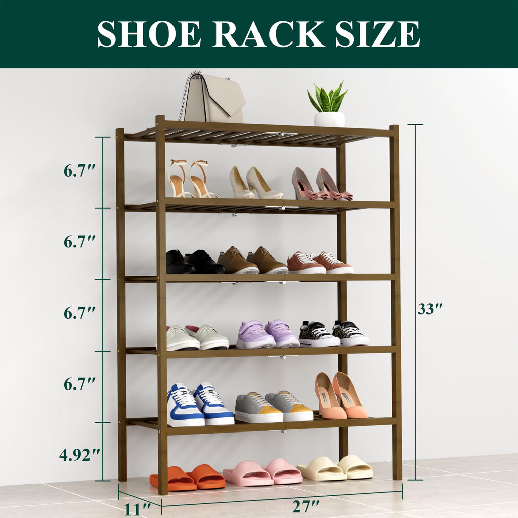 Bamboo Shoe Rack, 14 Vertical Slats, 5 Tier - 26.8" Wide, Walnut