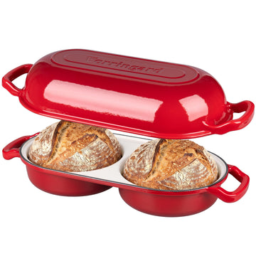 Enameled Cast Iron Double Dutch Oven with Lid, Dual Round Loaf Pan, Bread pan made Sourdough Bread Baking, Red