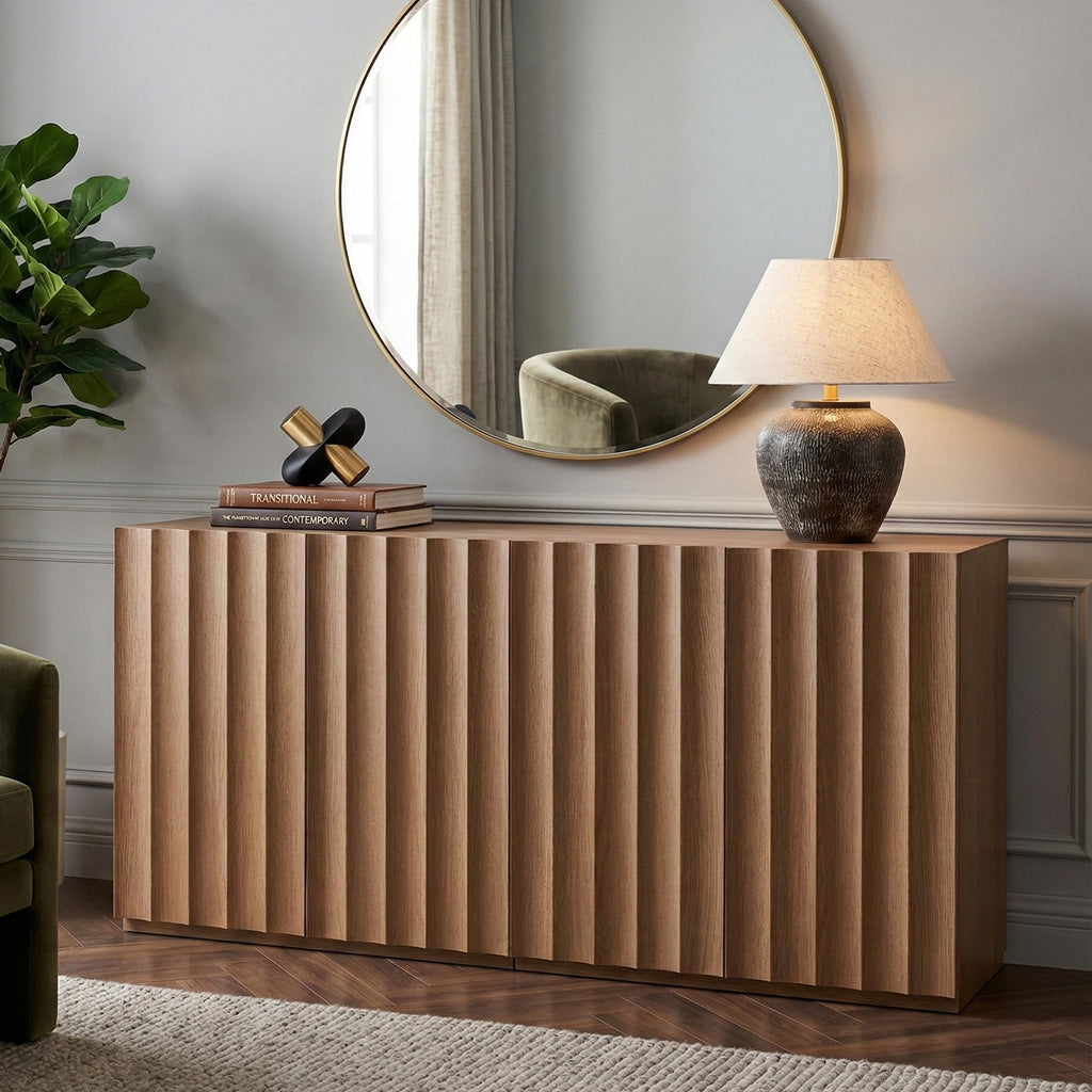 Sideboard Cabinet, 31.37" Buffet Fluted Cabinet, Amber Oak