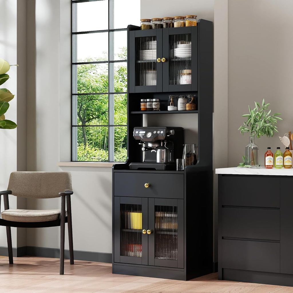70.87" Tall Kitchen Pantry Storage Cabinet with Countertop, Glass Doors, Drawers, Microwave Stand and Shelves