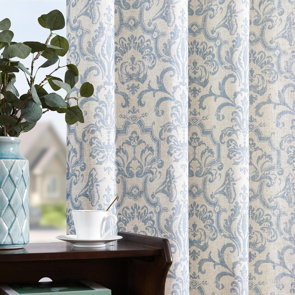 Curtains, Light Filtering 96 Inch Length 2 Panels Set, Baroque Style Linen Blend Drapes Living Room, Vintage Damask