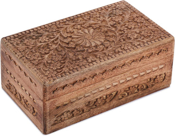 Wooden Jewelry Box Flower Carved Decorative Chest Storage 10 Inch