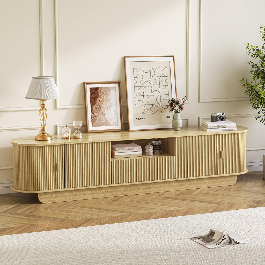86.6'' Fluted TV Stand for 55-85 Inch, Natural Wood TV Console