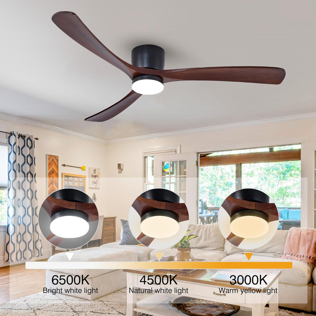 Modern 60 Inch Low Profile Flush Mount Ceiling Fan with LED Lights and Remote Control - 3 Wood Blades, Reversible DC Motor, 6 Speeds - Walnut and Matte Black