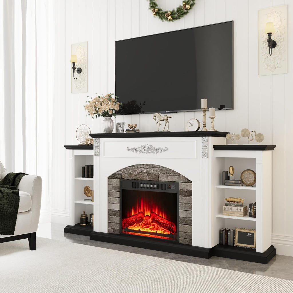 72" Electric Fireplace TV Stand with Storage, Black & White Mantel with Silver Carved Accents, Stacked Stone