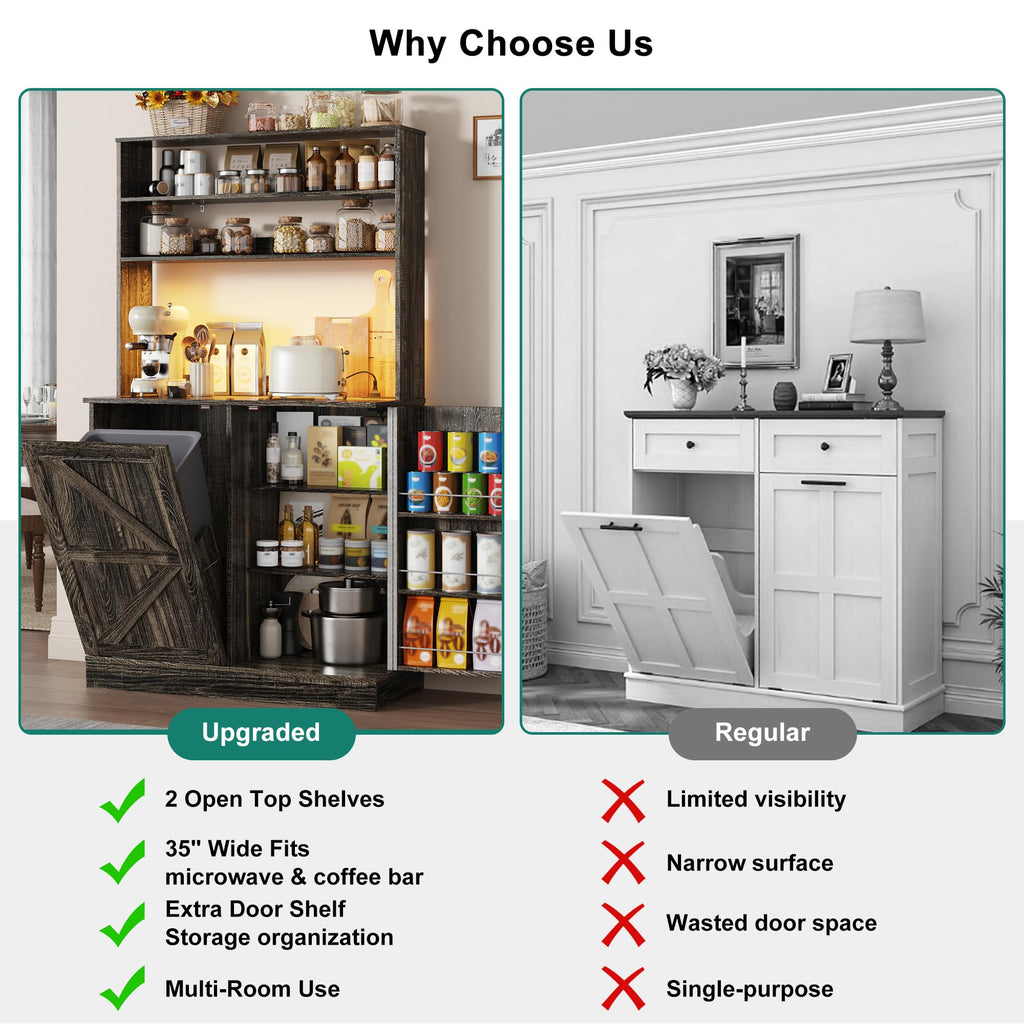 63" H Pantry Cabinets with 10 Gallon Trash Can, Led Light, Outlet, 35" W Kitchen Hutch with Tilt Out Trash Can
