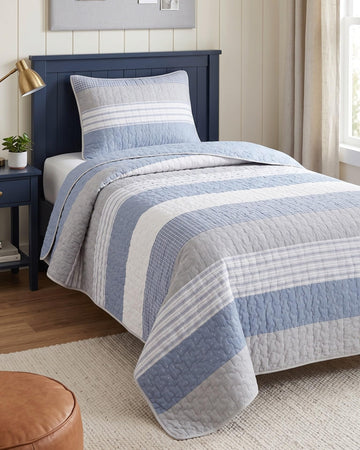 Blue Horizon Striped Cotton Quilt Set, with 1 Sham