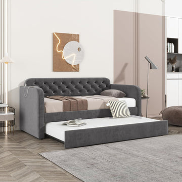Twin Size Daybed W/Trundle,Velvet Day Bed with Pop Up Trundle Bed W/USB Charging Ports,Upholstered Sofa Bed W/Back,No