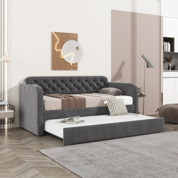 Daybed with Trundle, Twin Size Upholstered Velvet Day Bed Pull-Point Sofa Daybed Frame w/Roll-Out Trundle and USB