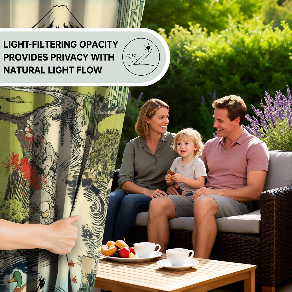 Japanese Style theme Waterproof Outdoor Curtains ,Bamboo Forest Stream pattern,Privacy Weatherproof Grommet Outside