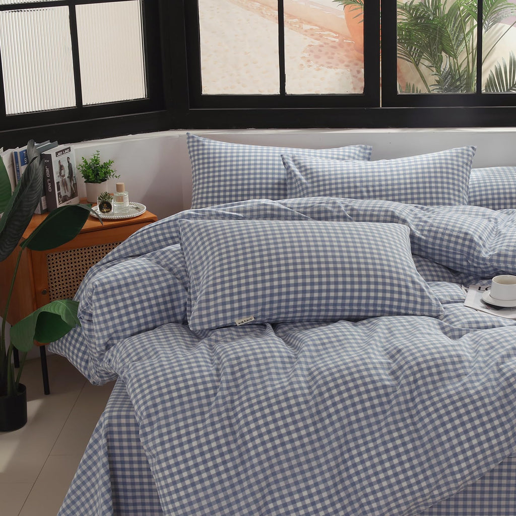 Blue Gingham Duvet Cover Set, 100% Washed Cotton Linen Like