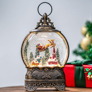 Christmas Village Snow Globe Lighted Flying Santa Scene, Musical Snow Water Lantern Swirling Glittering Home