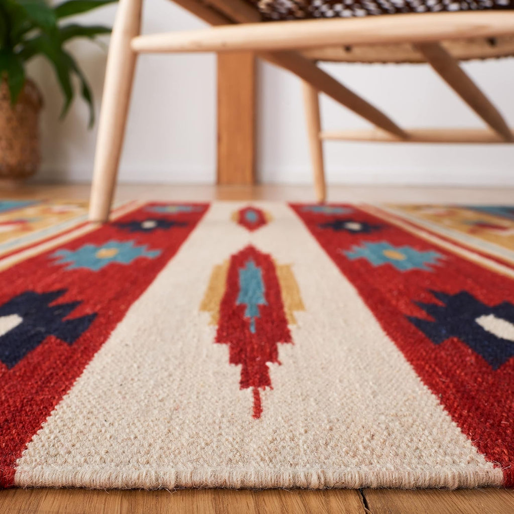 Kilim Collection Area Rug, Beige & Red, Handmade Flat Weave Wool, Ideal for High Traffic Areas (KLM712A)