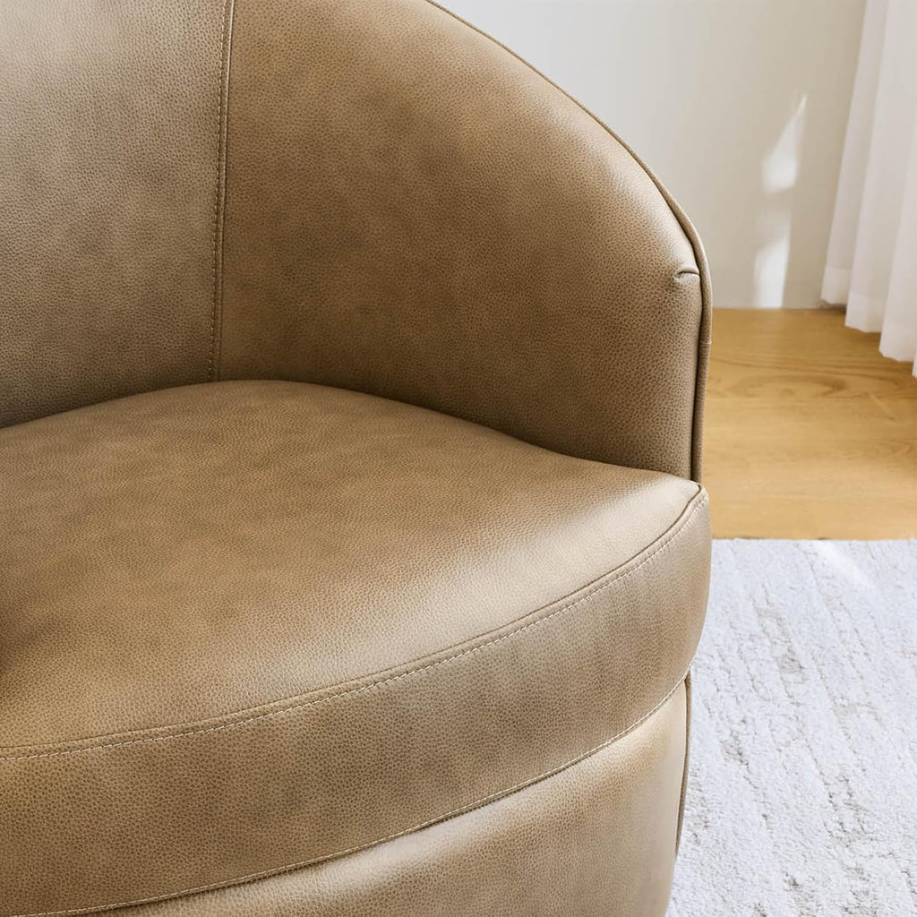 Genuine Leather Swivel Barrel Accent Chair, Fully Assembled, Mocha