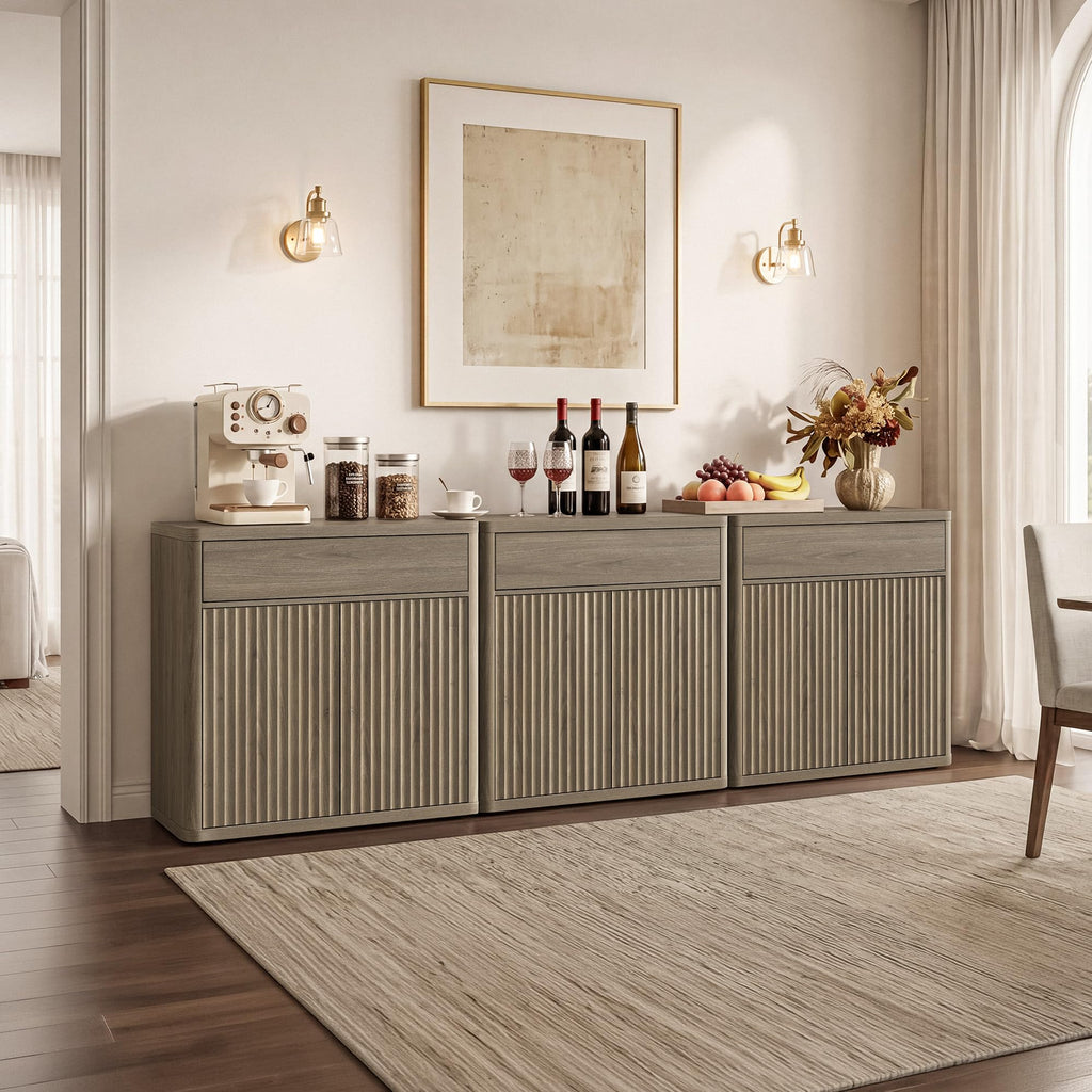 Buffet Cabinet with Storage - Accent Fluted Storage Cabinet with 2 Doors & 1 Drawer 34.6" Wide Modern Sideboard