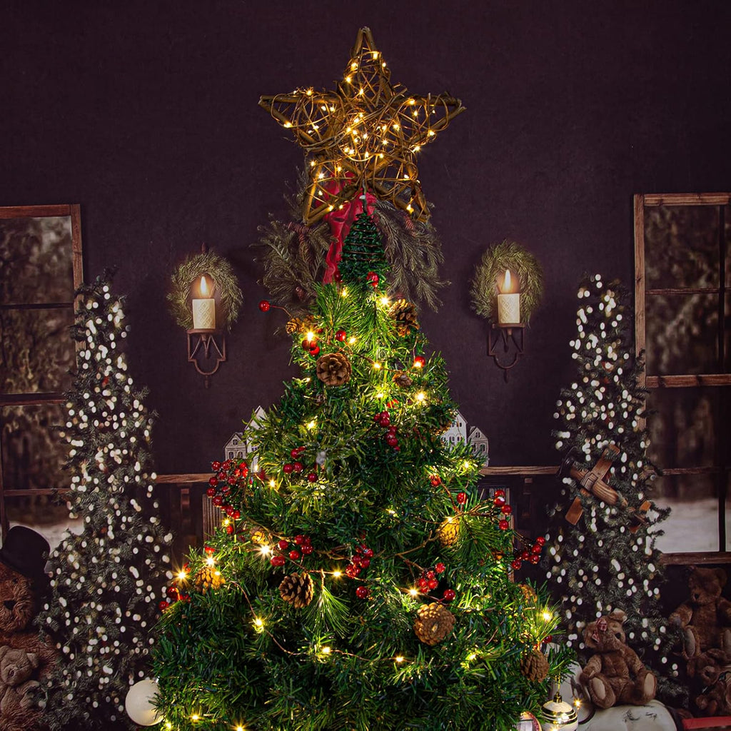 Rattan Natural Star Christmas Tree Topper - Rustic Farmhouse Xmas Treetop with 50 Warm LED Lights Christmas Tree
