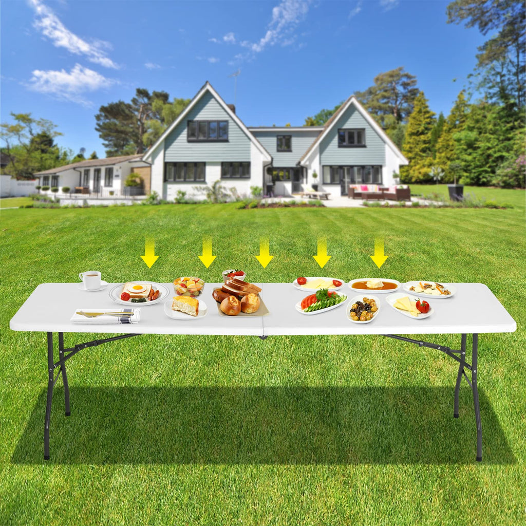 8FT Folding Table, Heavy Duty Foldable Table with Handle, Portable Fold-in-Half Utility Tables for Indoor & Outdoor