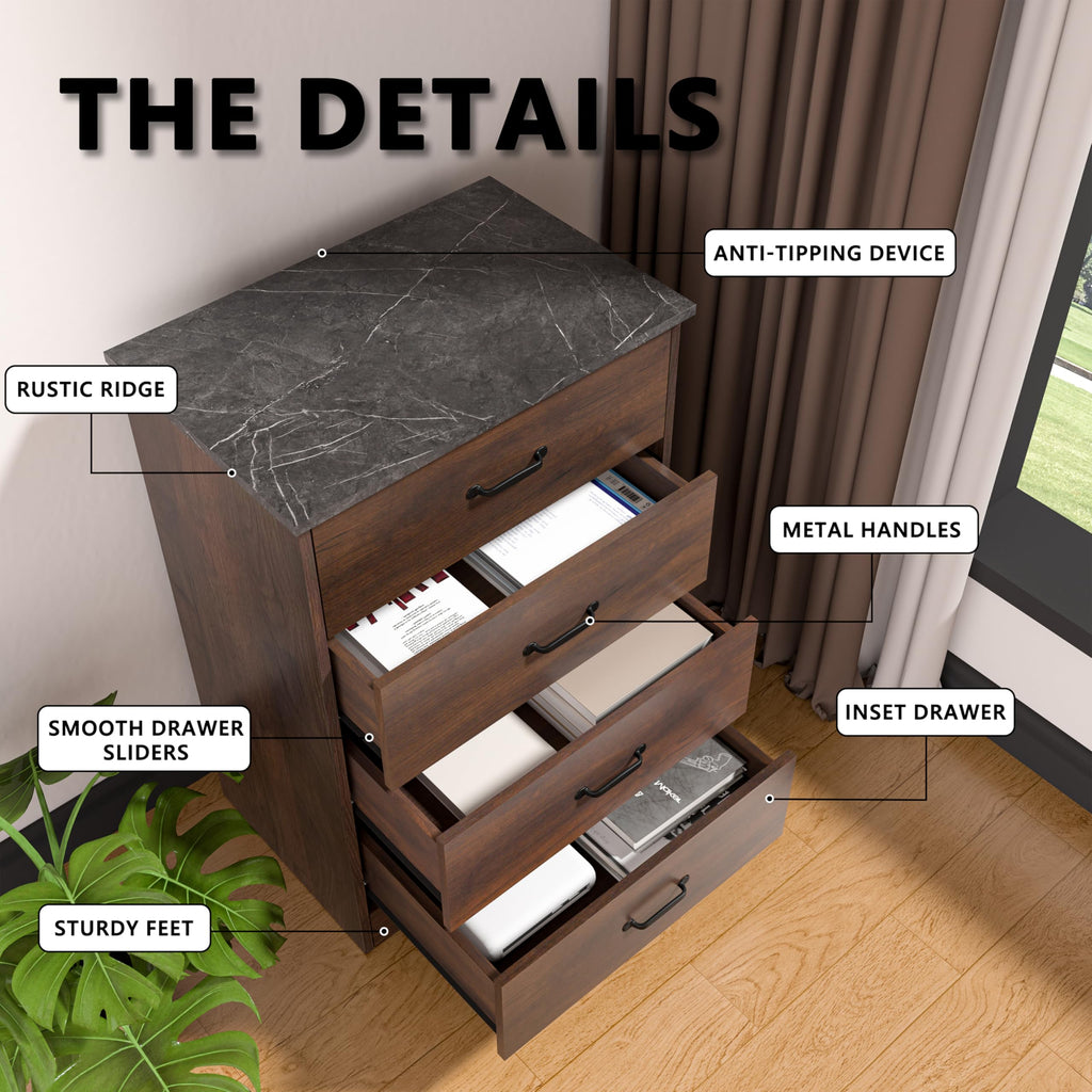 Farmhouse 4 Drawer Dresser, Small Wooden Chest of Drawers Classic White Dresser Living Room Entryway (Dark Walnut, 4