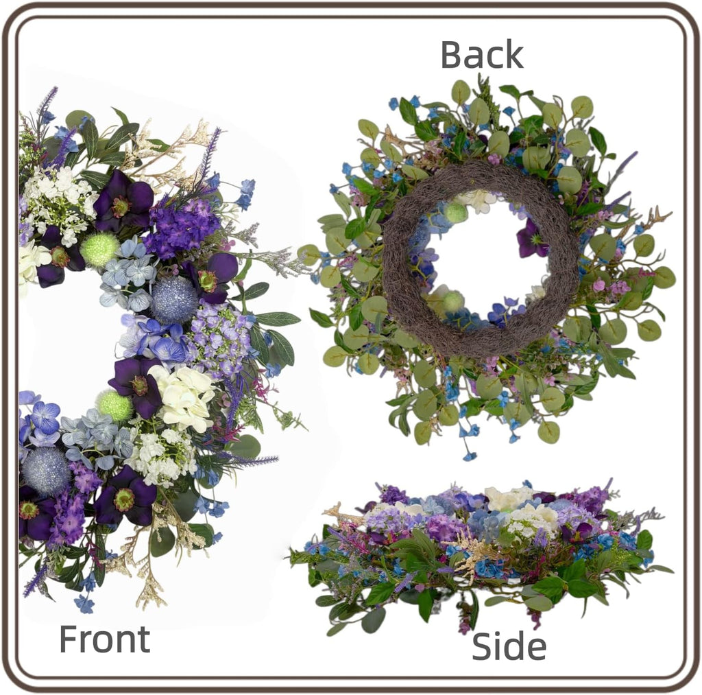 24-Inch Colorful Flower Wreath for Front Door - Hydrangeas, Lavender Wreath, Spring Summer Artificial Wild Flower