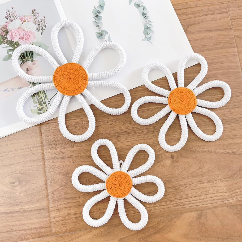 6 Pcs Boho Nursery Decor,Woven Macrame Daisy Flower Wall Hanging in 3 Sizes,Floral Wall Art for Bohemian Bedroom