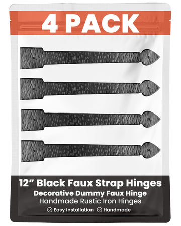 4 Pack 12" Black Faux Strap Hinges - Hand Forged Dummy Faux Hinge - Handmade Rustic Iron Hinges for Farmhouse