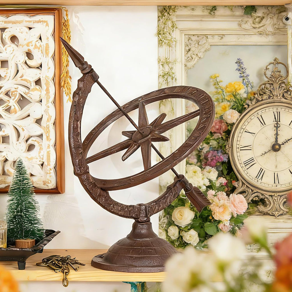 Vintage Cast Iron Armillary Sundial,14.3in Tall & Antique Brown