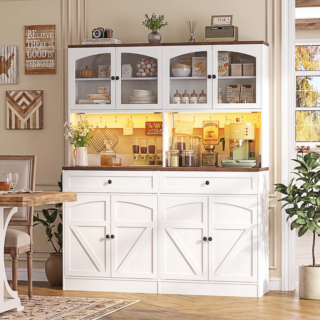 71" Kitchen Pantry Cabinet with LED Light and Outlet, Kitchen Hutch