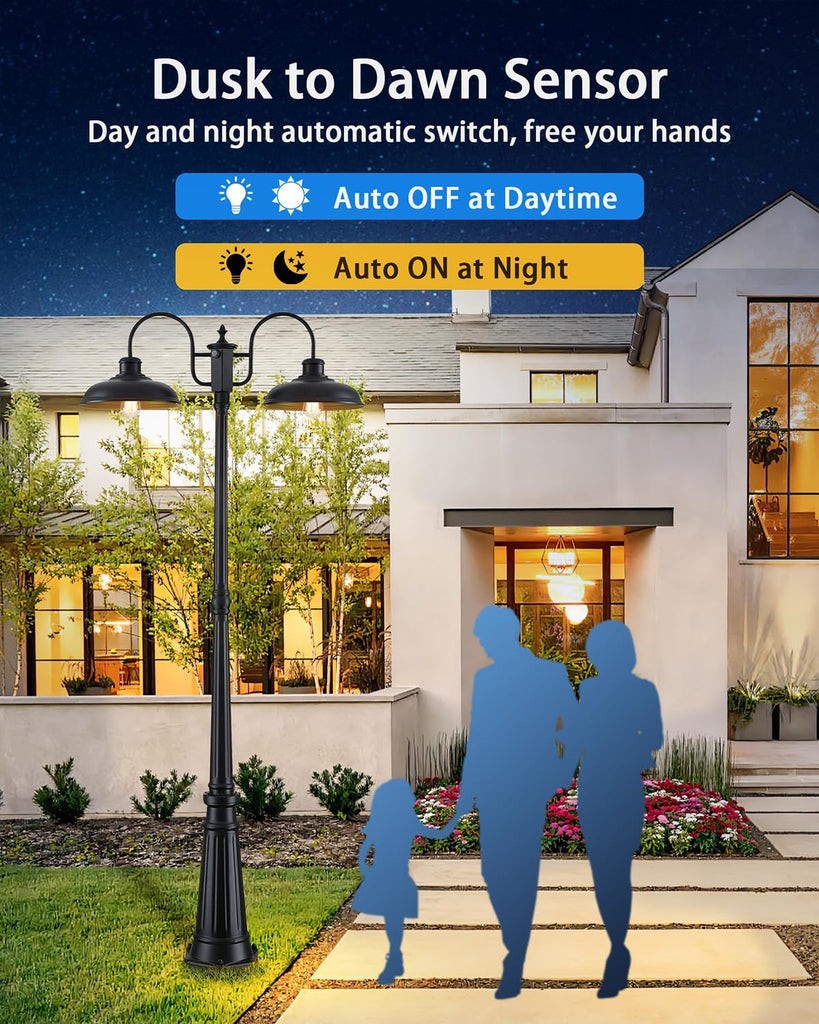 Dusk to Dawn Outdoor Lamp Post Light 2-Head, Outdoor Post Light Street Light Post for Outside with Sensor