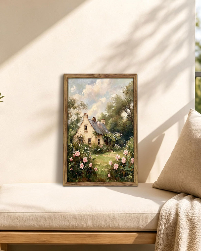 English Cottage Framed Canvas Wall Art, Vintage Garden Cottage Painting Print Picture, Cottagecore Farmhouse