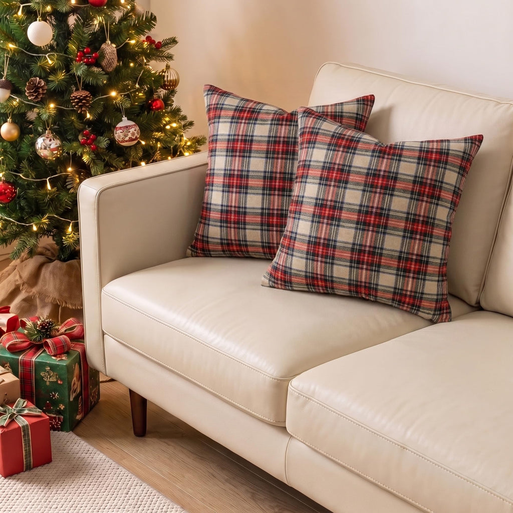 Brown Tartan Plaid Vintage Primitive Christmas Pillow Covers 20x20 Set of 2
