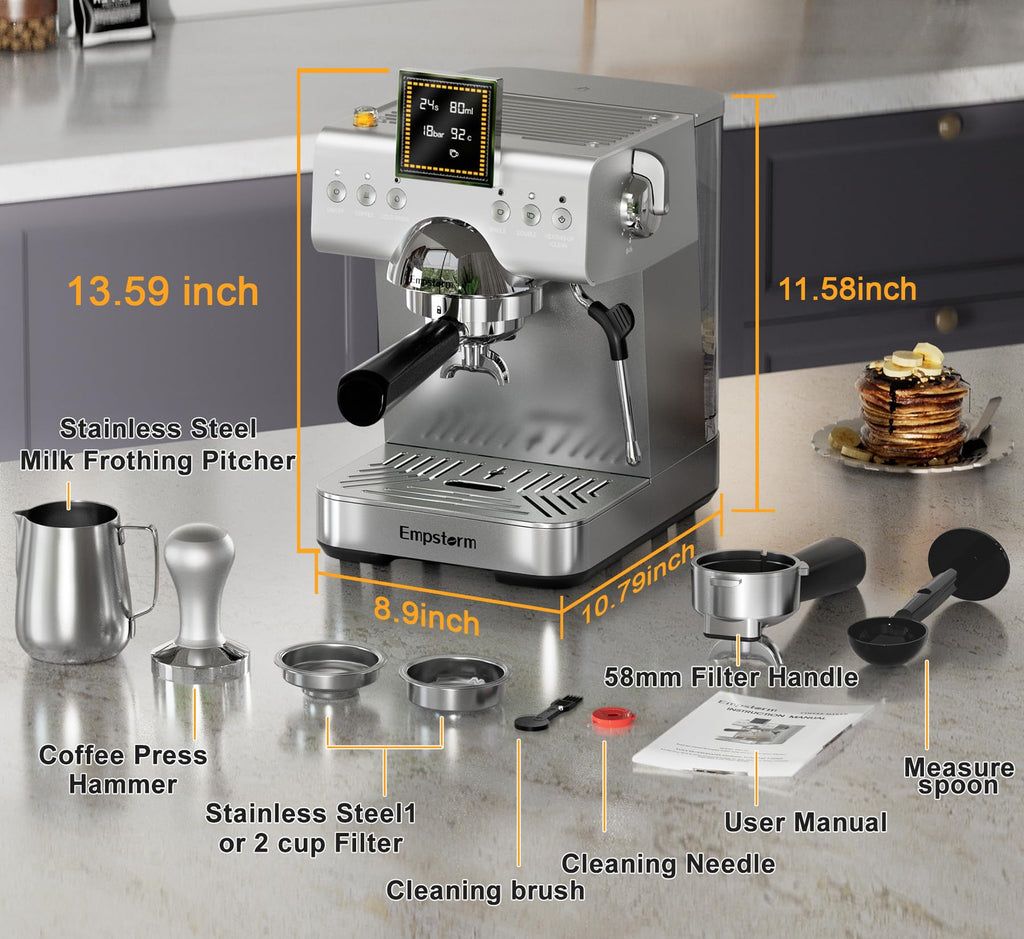 20 Bar Espresso Machine with Milk Frother Steam 1350W Silver