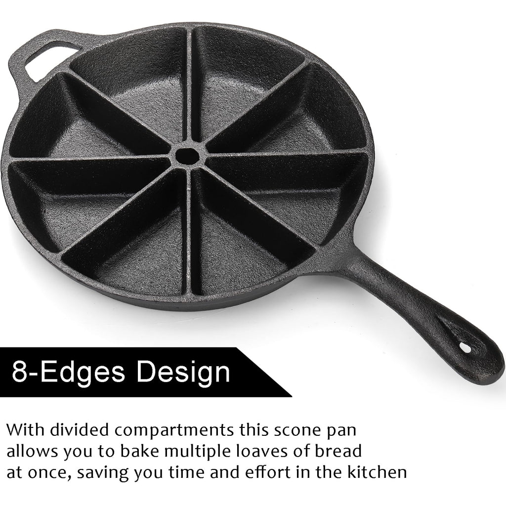 Cast Iron Wedge Pan, Round Corn Bread Skillet, 8-edges Biscuit Pan Mini Cake Pan with Long Handle for Scones, Corn