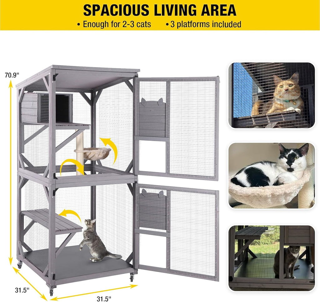 Cat House Outdoor Catio Cat Enclosures on Wheels 70.9" Kitty House with Upgraded Resting Box, Waterproof Roof